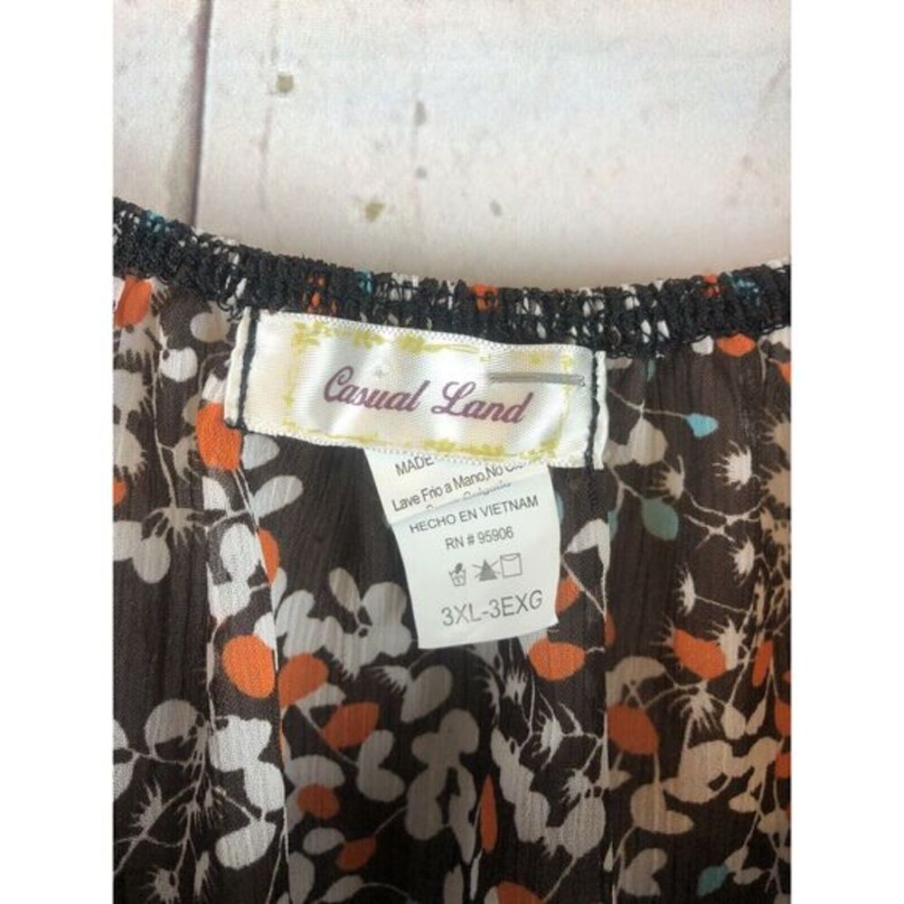 Casual Land‎ Top Women 3x brown floral cap sleeve ruffles/ribbon accents sheer - Picture 4 of 4